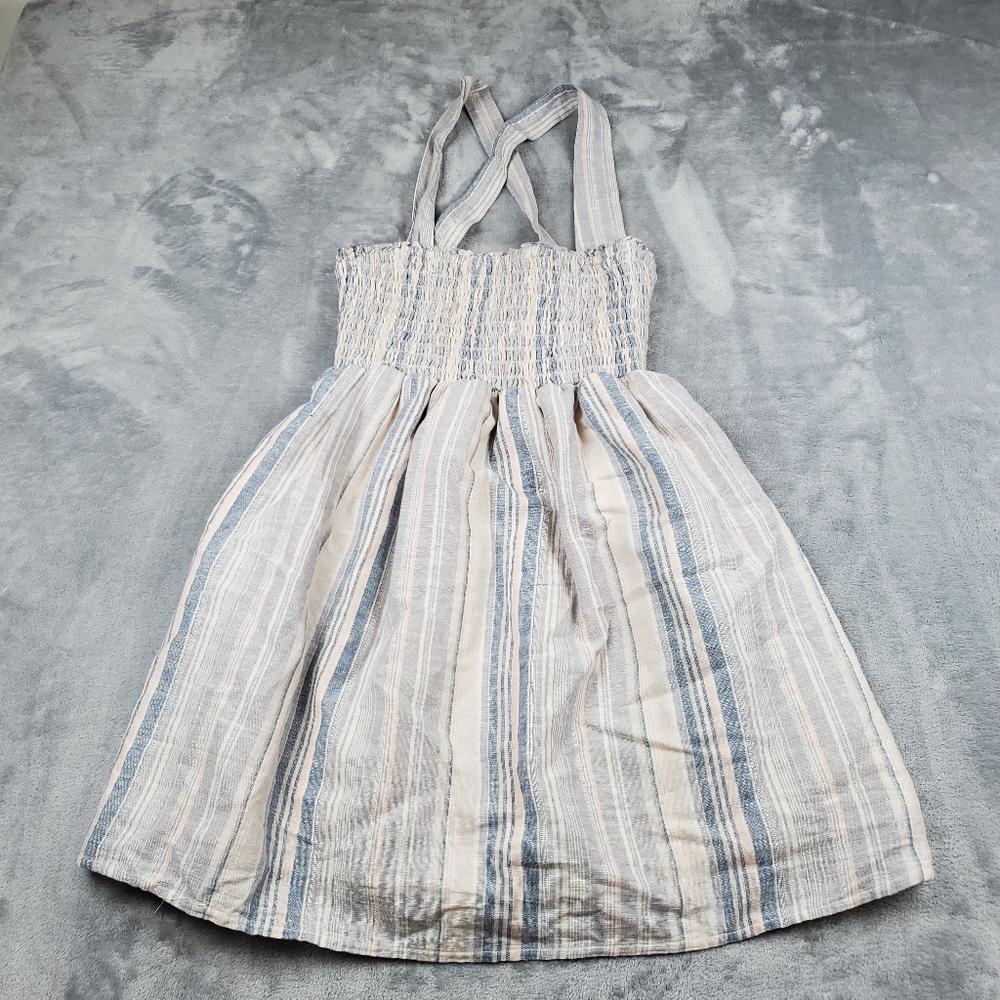 American Eagle Linen Blend Striped Summer Dress Shirred Womens Size XS New Line